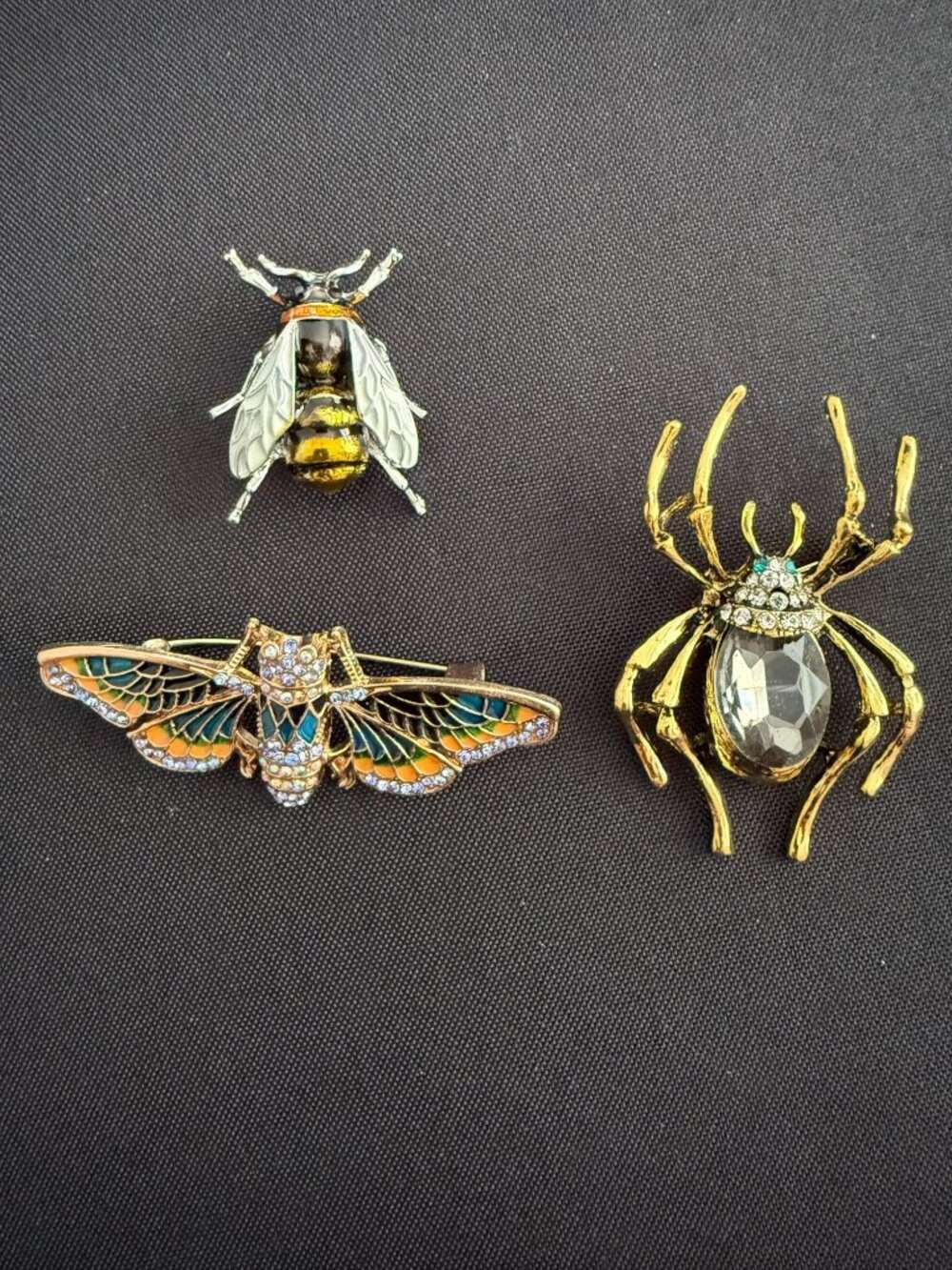 Bug Brooch Trio – Bumblebee, Cicada & Crystal Spider Enamel Rhinestone Pins, Set